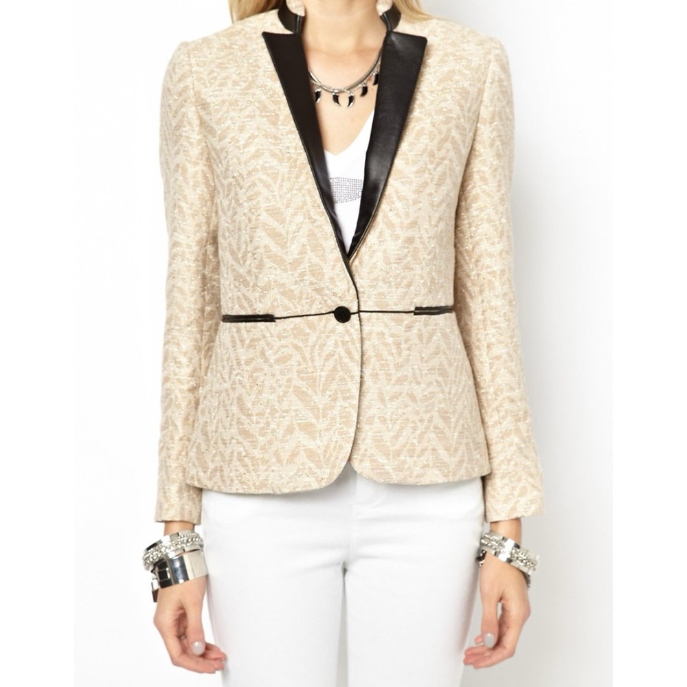 Zadig & Voltaire Victana Deluxe Blazer (Sz FR 36) Leather Trim Metallic Jacquard